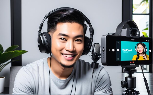 Influenciador asiático filmando fones de ouvido revisão em episódio de podcast gravação de recomendação vídeo em câmera