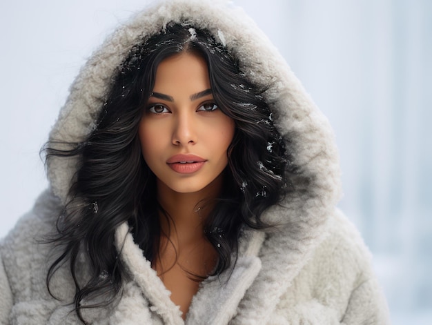 Influenciador de beleza indiana com charme de inverno em roupa quente se aquecendo na neve para sessão comercial