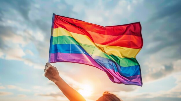 Foto el influyente líder lgbtq sostiene la bandera de la igualdad en un telón de fondo sereno