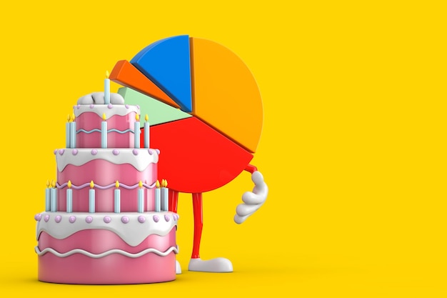 Info-Grafiken Business Kreisdiagramm Charakter Person mit Geburtstag Cartoon Dessert abgestuften Kuchen und Kerzen 3D-Rendering
