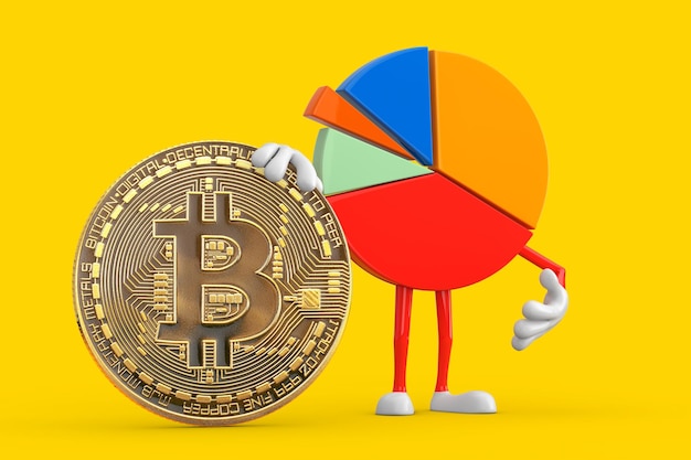 Info Graphics Business Pie Chart Carácter Persona con Digital y Cryptocurrency Golden Bitcoin Coin 3d Rendering