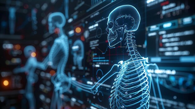 Foto infografía biológica con gráfico de rayos x del esqueleto y los huesos del cuerpo del hombre