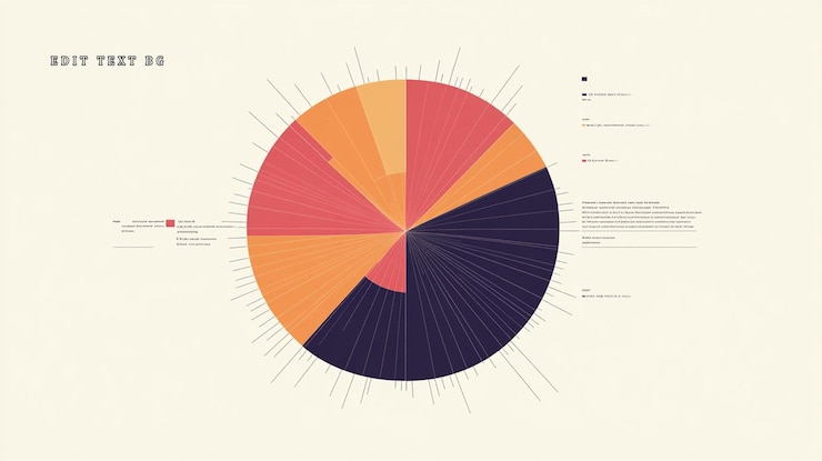 Foto infografía circular abstracta con visualización de datos segmentados en tonos naranja coral y púrpura oscuro
