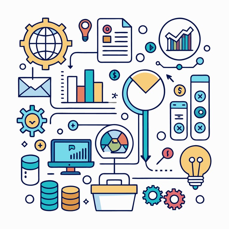 Foto infografía colorida con iconos de finanzas empresariales y tecnología