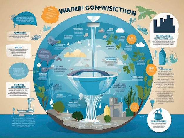 Foto una infografía de conservación del agua con una fuente y varios artículos en ella