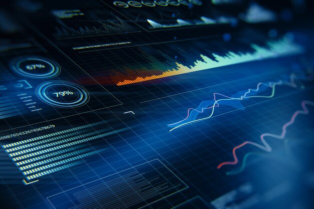 Infografía creativa y concepto de visualización de datos con vista en perspectiva en la pantalla digital con diagramas de acciones, barras de estadísticas y gráficos de representación 3D