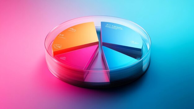 Una infografía elegante con un gráfico circular 3D con segmentos transparentes en capas sobre un fondo gradiente Iconos y etiquetas mejoran el atractivo visual haciendo los datos fácilmente comprensibles