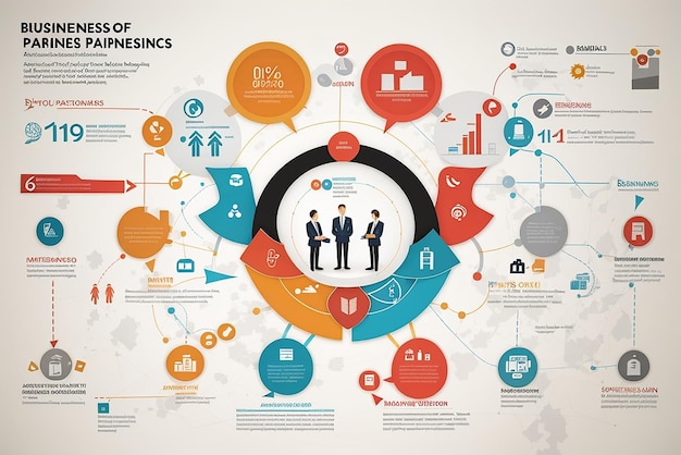 Infografía de estrategia empresarial con símbolos de proceso y progreso.