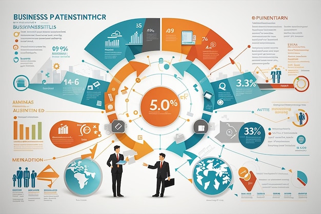 Infografía de estrategia empresarial con símbolos de proceso y progreso.