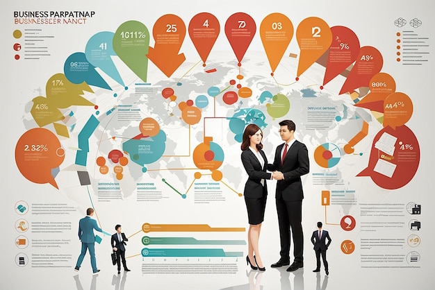 Foto infografía de estrategia empresarial con símbolos de proceso y progreso.