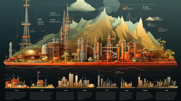 Infografias da indústria de refinaria de petróleo Indústria de petróleo e gás Ilustração vetorial IA geradora