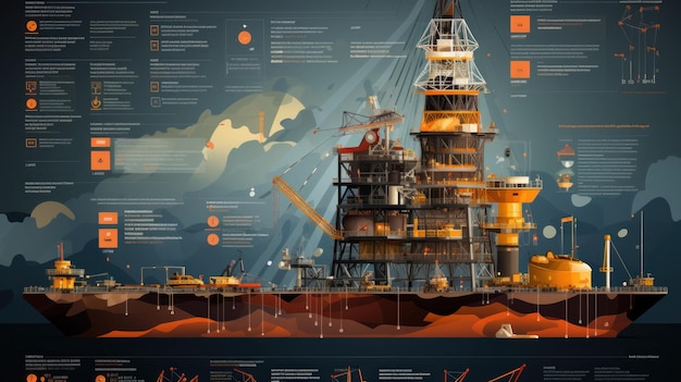 Infografías de la industria del petróleo y el gas Plataforma de perforación de petróleo en el mar IA generativa