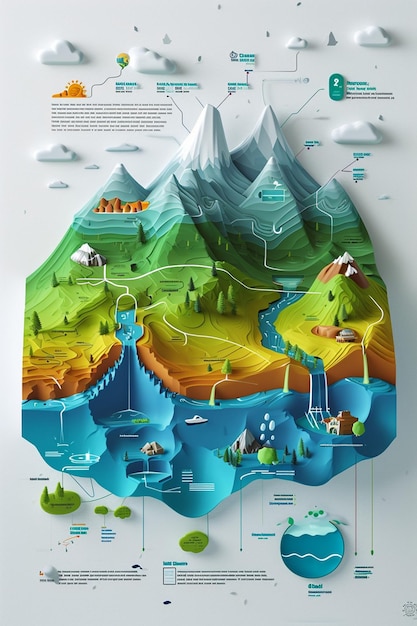 Infográfico 3D detalhando as etapas do ciclo da água