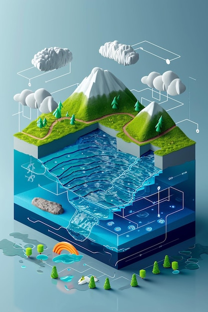 Infográfico 3D detalhando as etapas do ciclo da água