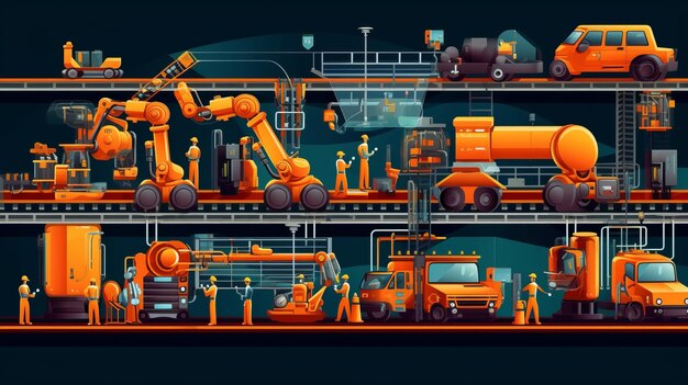 infográfico da linha de montagem com controle de braços robóticos pela lente telefoto do engenheiro