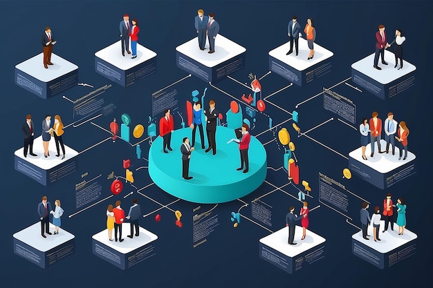 Foto infográfico isométrico plano 3d concepto de empresa departamento corporativo diagrama de equipo estructura de concepto web plantilla vectorial plataforma conectada pedestales grupos de personas de negocios gráfico de organización