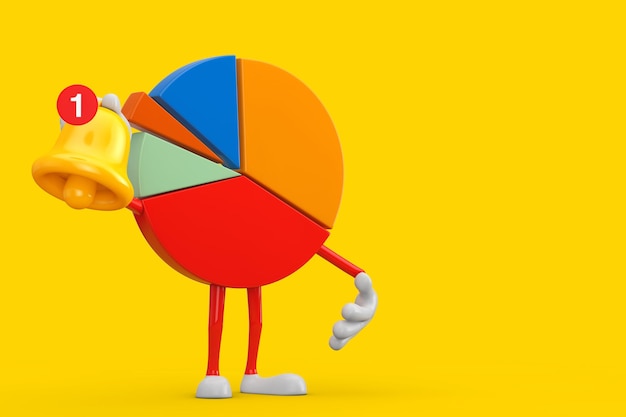 Infografiken Business Pie Chart Charakter Person mit Cartoon Social Media Benachrichtigungsglocke und Symbol für neue Nachricht 3D-Rendering