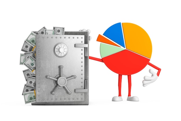 Infografiken Business Pie Chart Charakter Person mit Tresor oder Safe voller Dollarnoten 3D-Rendering