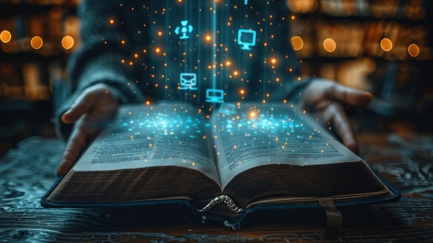 Información digital que emerge de un libro abierto
