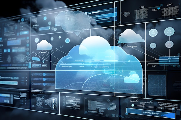 Información de nube de concepto de negocio en la pantalla virtual de la computadora portátil IA generativa