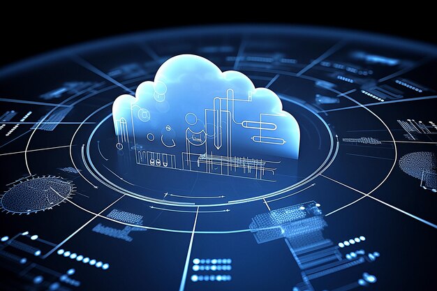 Información sobre el concepto de nube de negocios en la pantalla virtual de la computadora portátil IA generativa