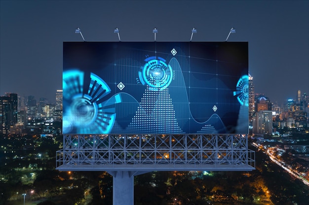 Informationsfluss-Hologramm auf der Straße Billboard Nachtpanorama Blick auf die Stadt von Bangkok Das größte technologische Zentrum in Südostasien Das Konzept der Programmierwissenschaft