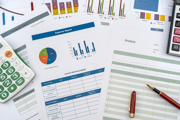 Informe anual de contabilidad financiera o de ventas con calculadora y bolígrafo