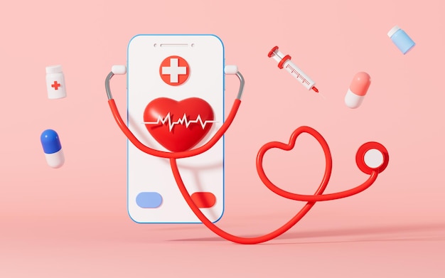 Informe de examen médico electrónico y estetoscopio con renderizado 3d de fondo rosa