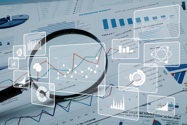 Informe financiero y gráficos en el fondo de la tabla, cerrar