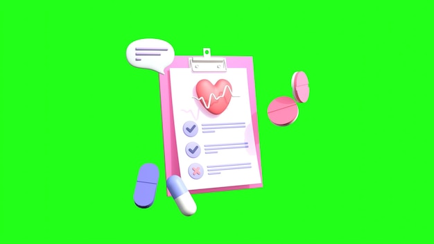 Informe médico Forma del corazón con latidos cardíacos y suministros médicos Ilustración 3D