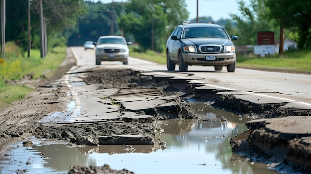 Infraestructura de asalto de calor en verano Estrés en carreteras de deformación y vehículos que luchan