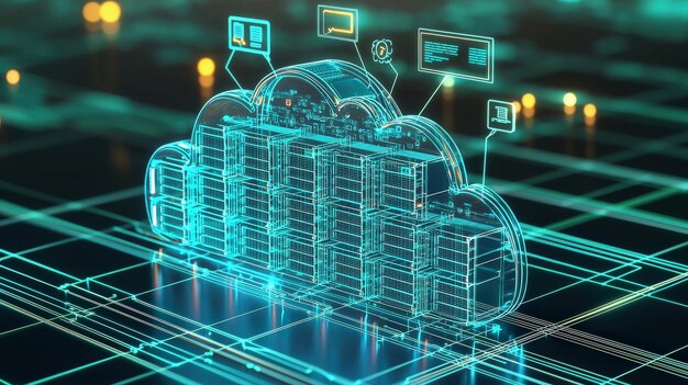 Infraestructura de computación en nube futurista con servidores de almacenamiento de datos y conexiones digitales
