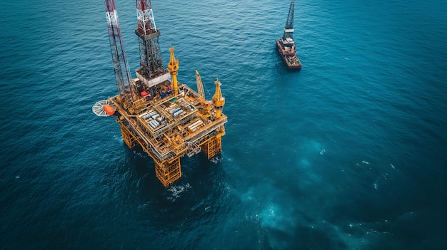 Infraestrutura oceânica Fotografia aérea capturando plataformas petrolíferas em meio a uma vasta paisagem marinha