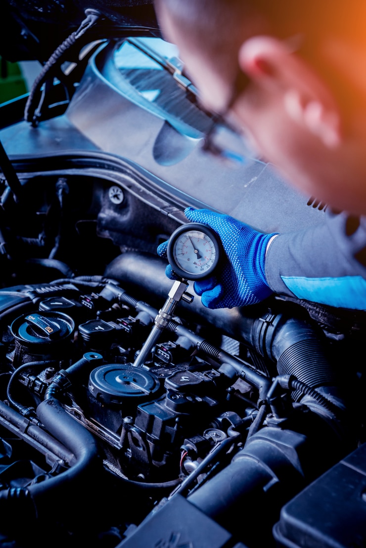 Foto infrarot-laserthermometer in der hand. motortemperaturmessung