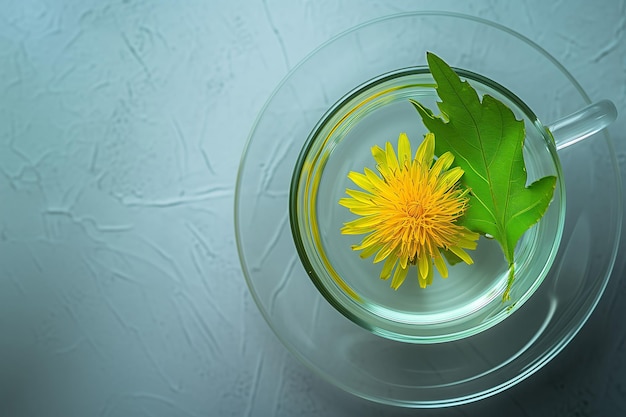 Infusão de primavera Chá de dente-de-leão em um copo transparente em fundo verde