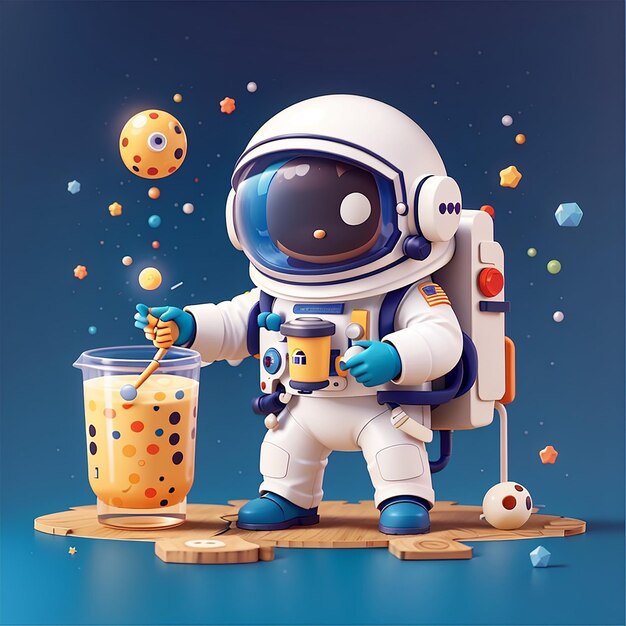 Infusión de astronauta lindo con té de leche de Boba Ícono de dibujos animados de vector Ilustración de ciencia Ícono de bebida Concepto aislado de estilo de dibuyos animados plano de vector premium