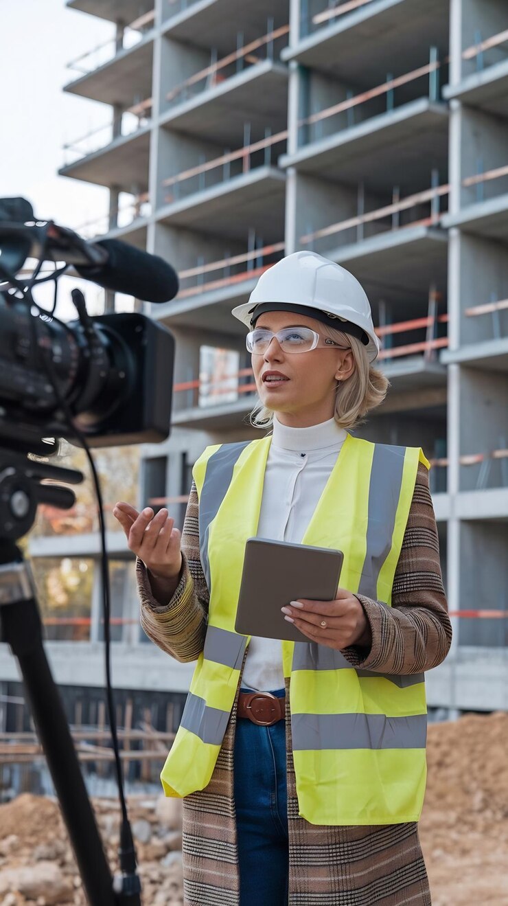 Foto ingeniera adulta empoderada hablando frente a una cámara en un sitio de construcción de edificios