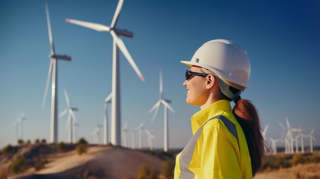 Ingeniera con casco amarillo en la planta de energía de molinos de viento