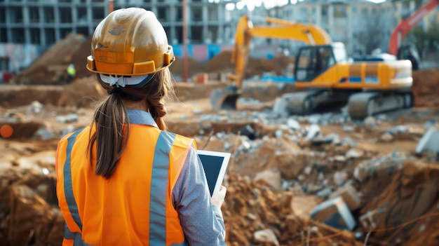 Ingeniera con casco de protección inspecciona el sitio Vista trasera Mirada femenina en el espacio de copia de la tableta