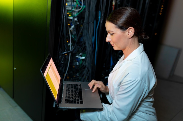Foto ingeniera caucásica que usa un delantal usando una computadora portátil mientras inspecciona la sala de servidores de computadoras. concepto de gestión y mantenimiento del servidor de bases de datos