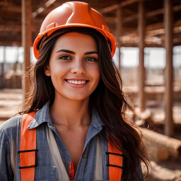 Ingeniera civil con planos en el sitio de construcción sonriendo