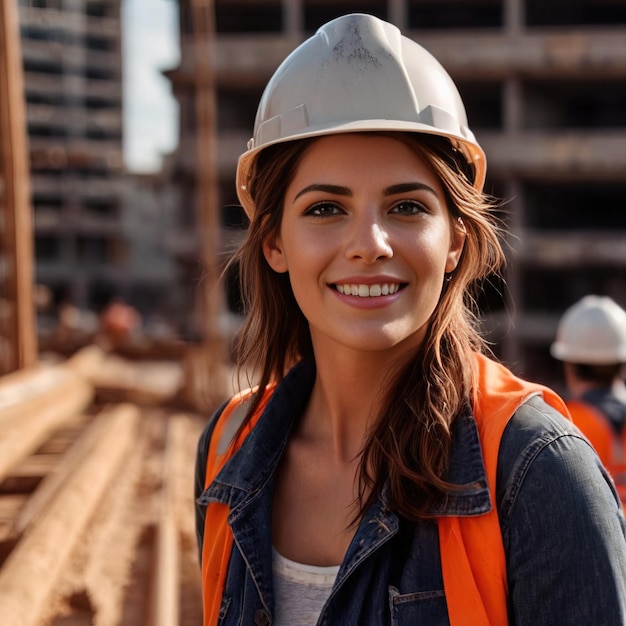 Ingeniera civil con planos en el sitio de construcción sonriendo