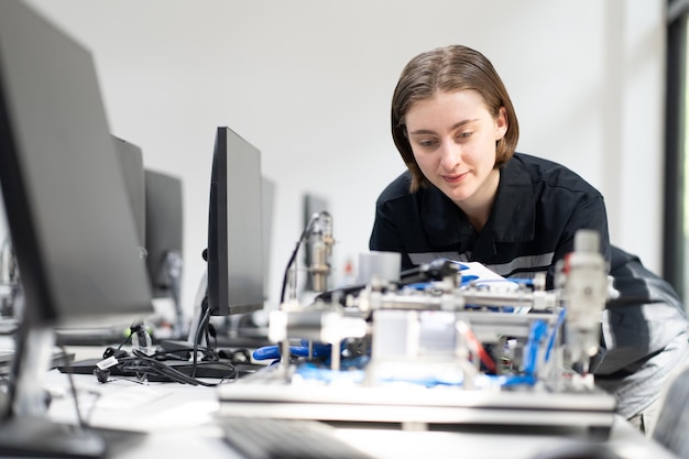 Ingeniera comprobar y controlar la automatización de la máquina de brazos robóticos en la fábrica industrial inteligente en el software del sistema de monitoreo en tiempo real, la robótica y la operación de fabricación digital