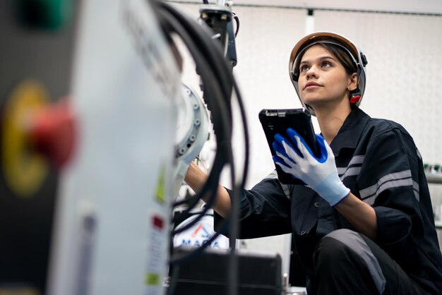 Ingeniera comprobar y controlar la automatización de la máquina de brazos robóticos en la fábrica industrial inteligente en el software del sistema de monitoreo en tiempo real, la robótica y la operación de fabricación digital