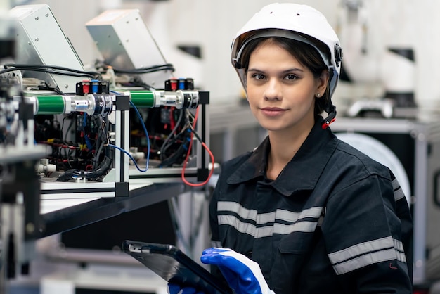 Ingeniera comprobar y controlar la automatización de la máquina de brazos robóticos en la fábrica industrial inteligente en el software del sistema de monitoreo en tiempo real, la robótica y la operación de fabricación digital