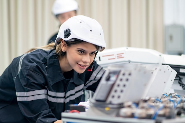 Ingeniera comprobar y controlar la automatización de la máquina de brazos robóticos en la fábrica industrial inteligente en el software del sistema de monitoreo en tiempo real, la robótica y la operación de fabricación digital