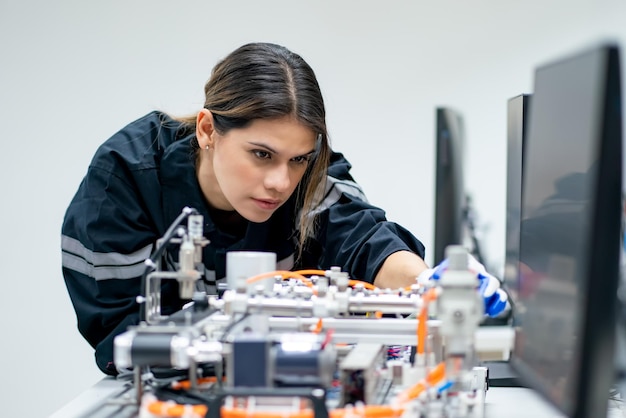 Ingeniera comprobar y controlar la automatización de la máquina de brazos robóticos en la fábrica industrial inteligente en el software del sistema de monitoreo en tiempo real, la robótica y la operación de fabricación digital