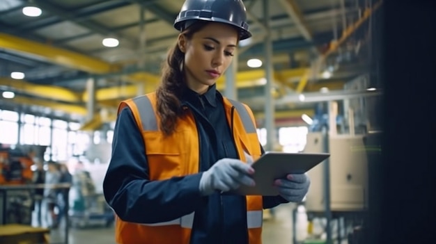 Una ingeniera eléctrica industrial revisa y mantiene máquinas CNC en una fábrica mientras está sentada frente a un panel de control con una tableta en la mano La IA generativa