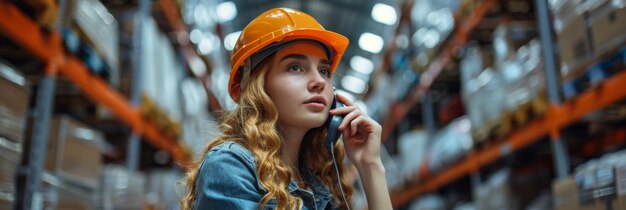 Foto ingeniera enfocada usando un walkie-talkie en el almacén