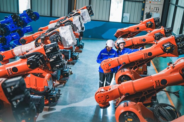 Ingeniera de fábrica inspeccionando una máquina con una tableta inteligente Trabajador trabaja en el brazo robótico de la máquina